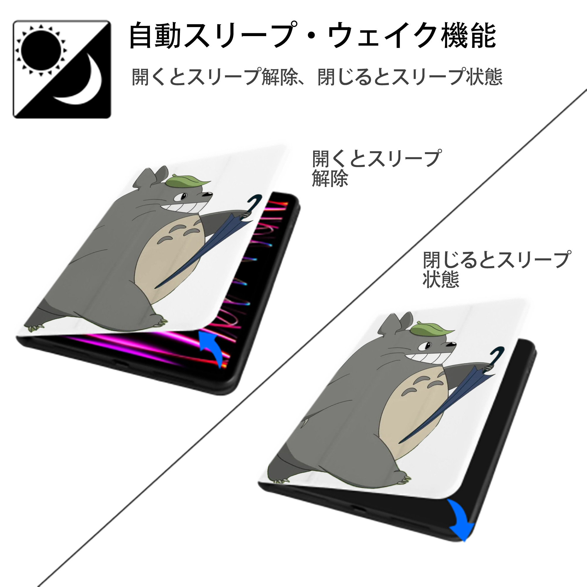 となりのトトロ 草壁メイ 草壁サツキ My Neighbor Totoro Satsuki Kusakabe Mei Kusakabe IPad ケース ペン収納付き 三つ折りスタンド PUレザー×シリコン 対応機種9.5/10.5/10.9インチ