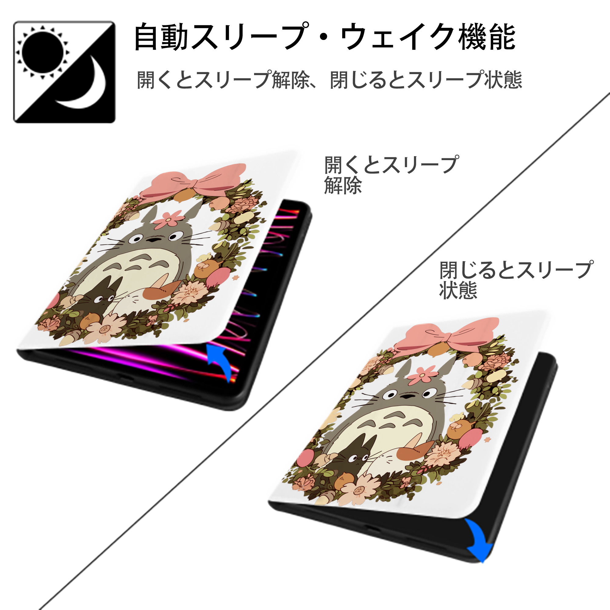 となりのトトロ 草壁メイ 草壁サツキ My Neighbor Totoro Satsuki Kusakabe Mei Kusakabe IPad ケース ペン収納付き 三つ折りスタンド PUレザー×シリコン 対応機種9.5/10.5/10.9インチ
