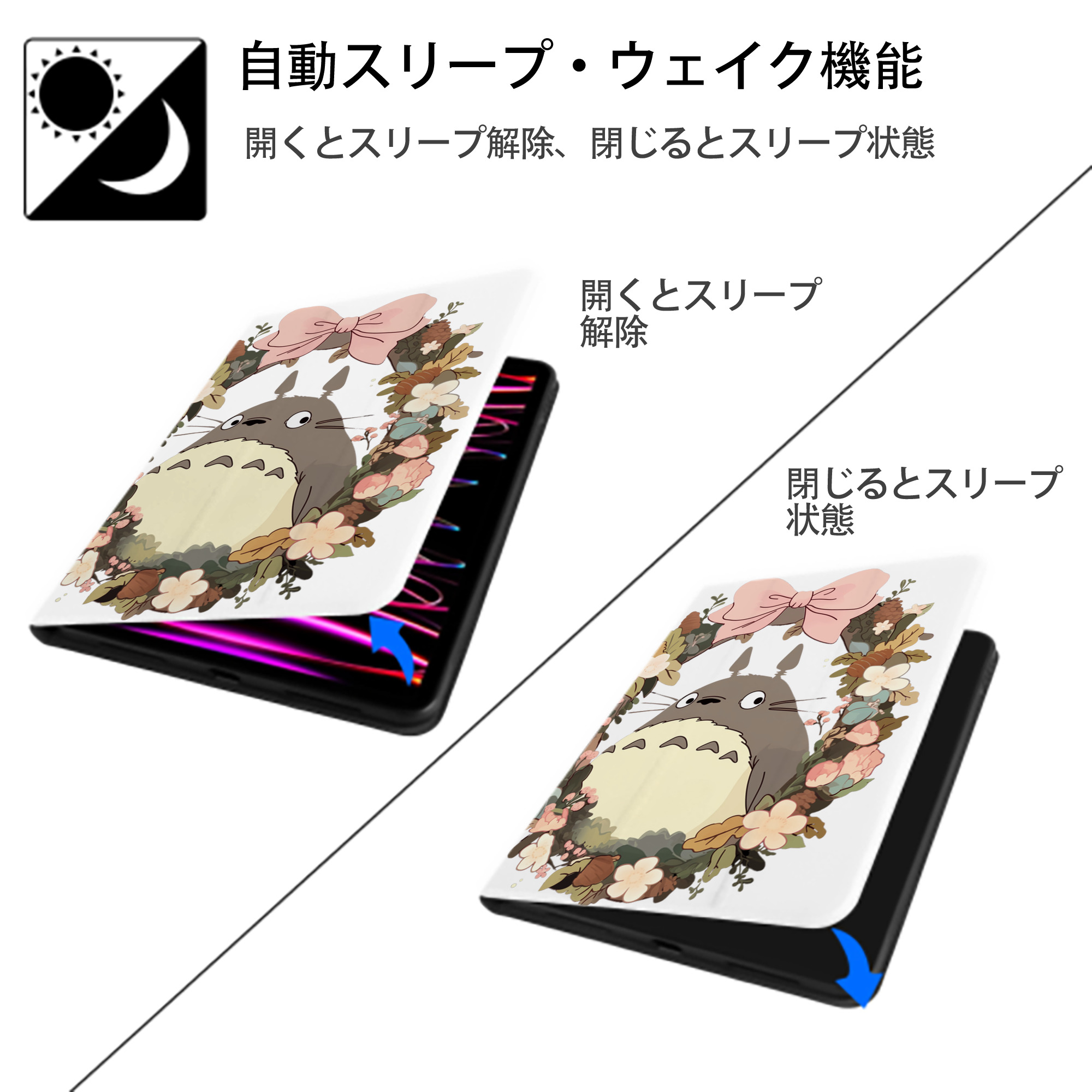 となりのトトロ 草壁メイ 草壁サツキ My Neighbor Totoro Satsuki Kusakabe Mei Kusakabe IPad ケース ペン収納付き 三つ折りスタンド PUレザー×シリコン 対応機種9.5/10.5/10.9インチ