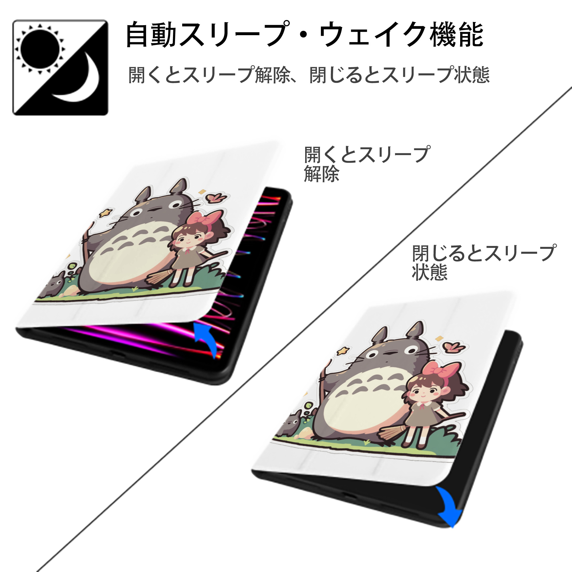 となりのトトロ 草壁メイ 草壁サツキ My Neighbor Totoro Satsuki Kusakabe Mei Kusakabe IPad ケース ペン収納付き 三つ折りスタンド PUレザー×シリコン 対応機種9.5/10.5/10.9インチ