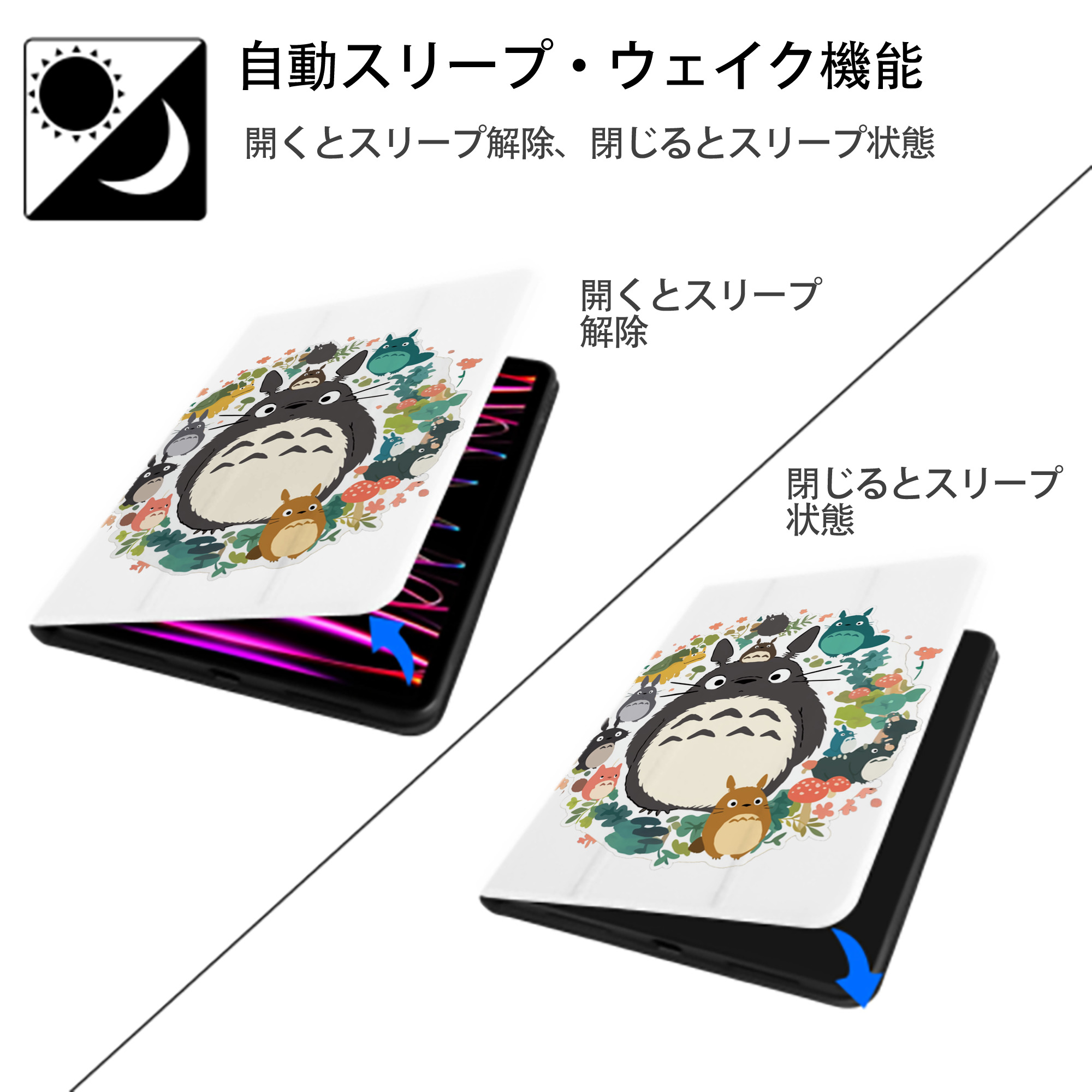 となりのトトロ 草壁メイ 草壁サツキ My Neighbor Totoro Satsuki Kusakabe Mei Kusakabe IPad ケース ペン収納付き 三つ折りスタンド PUレザー×シリコン 対応機種9.5/10.5/10.9インチ