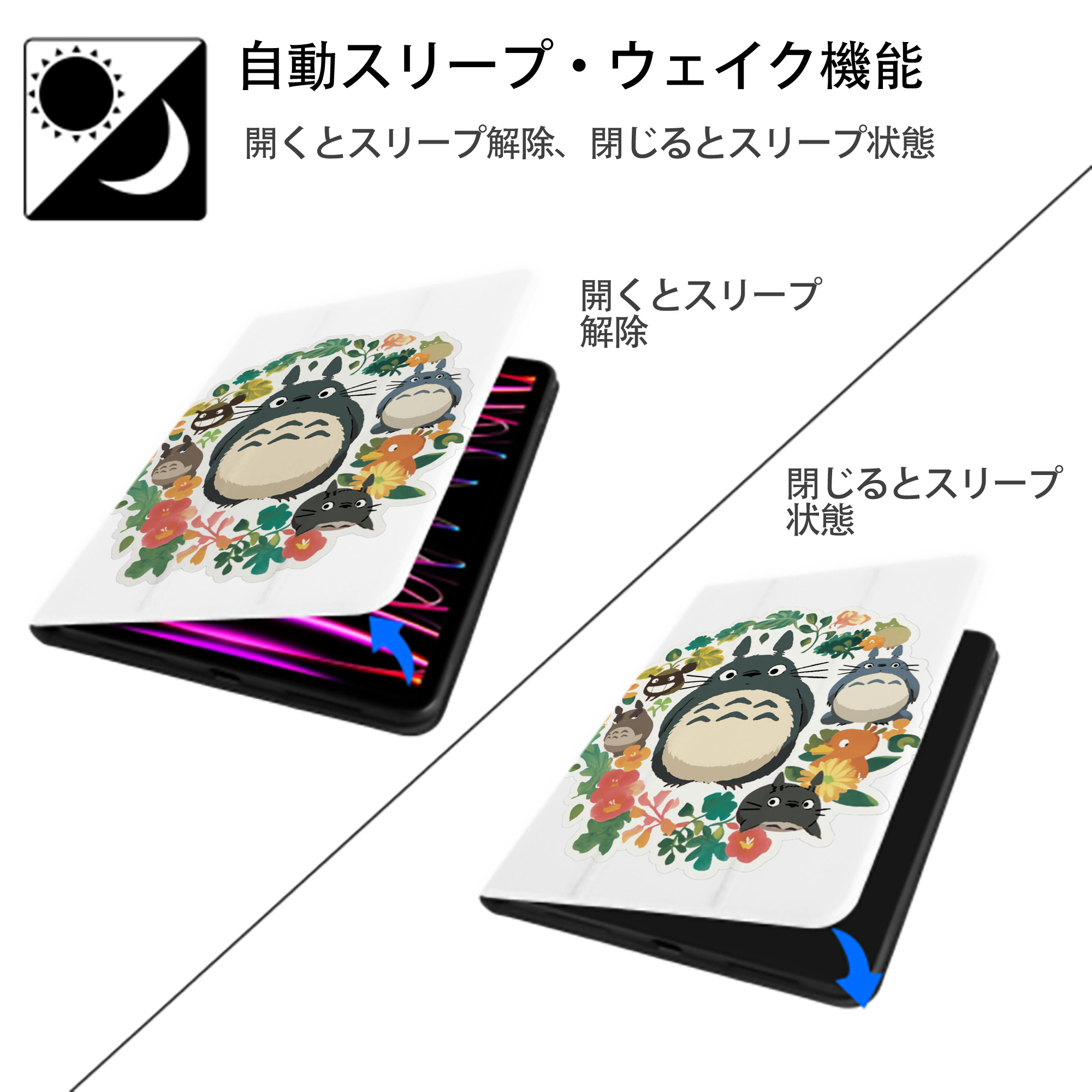 となりのトトロ 草壁メイ 草壁サツキ My Neighbor Totoro Satsuki Kusakabe Mei Kusakabe IPad ケース ペン収納付き 三つ折りスタンド PUレザー×シリコン 対応機種9.5/10.5/10.9インチ
