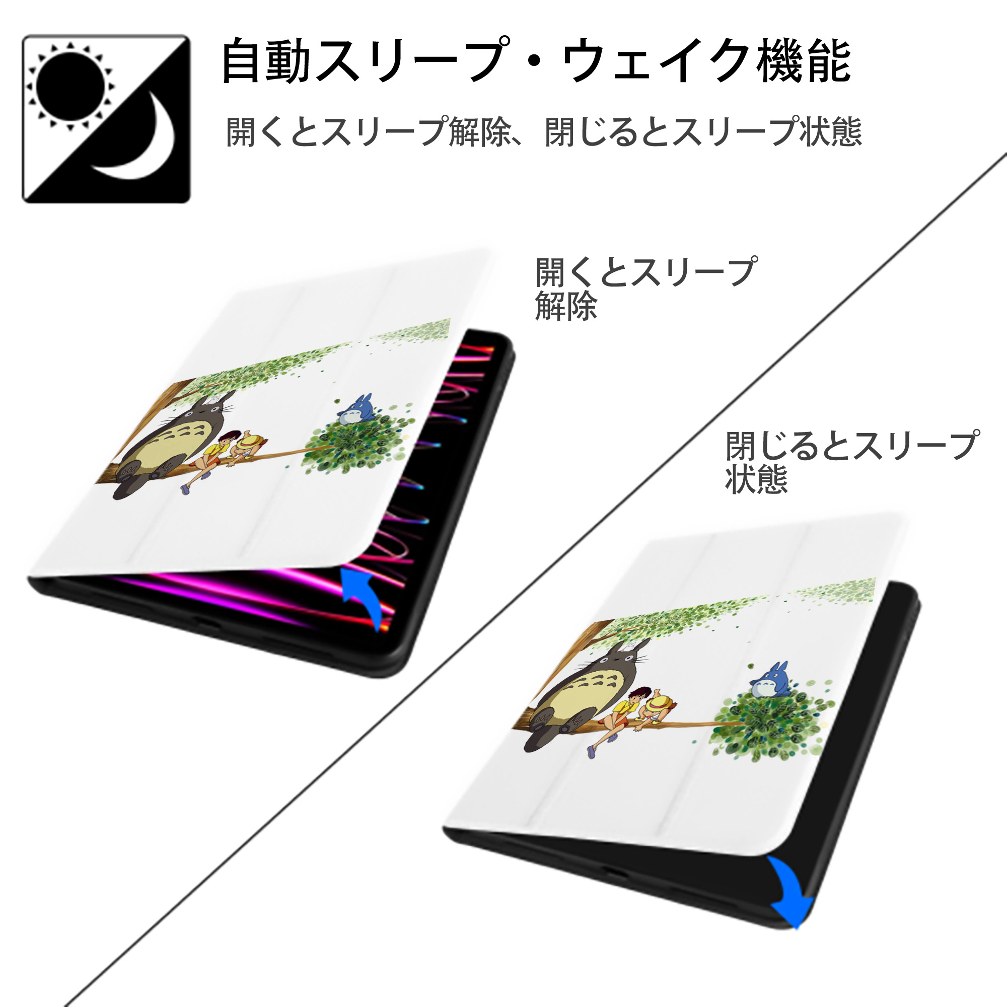 となりのトトロ 草壁メイ 草壁サツキ My Neighbor Totoro Satsuki Kusakabe Mei Kusakabe IPad ケース ペン収納付き 三つ折りスタンド PUレザー×シリコン 対応機種9.5/10.5/10.9インチ