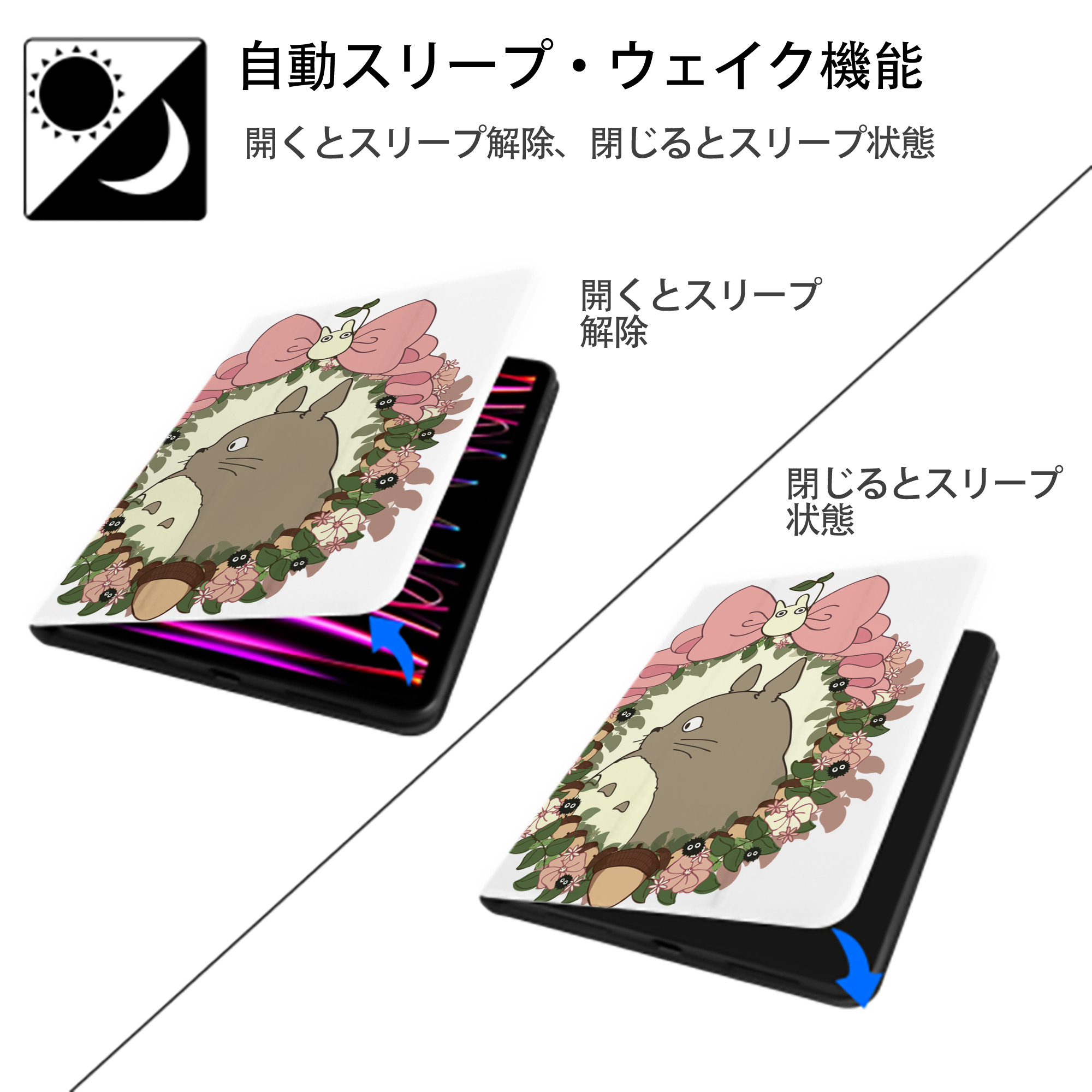 となりのトトロ 草壁メイ 草壁サツキ My Neighbor Totoro Satsuki Kusakabe Mei Kusakabe IPad ケース ペン収納付き 三つ折りスタンド PUレザー×シリコン 対応機種9.5/10.5/10.9インチ
