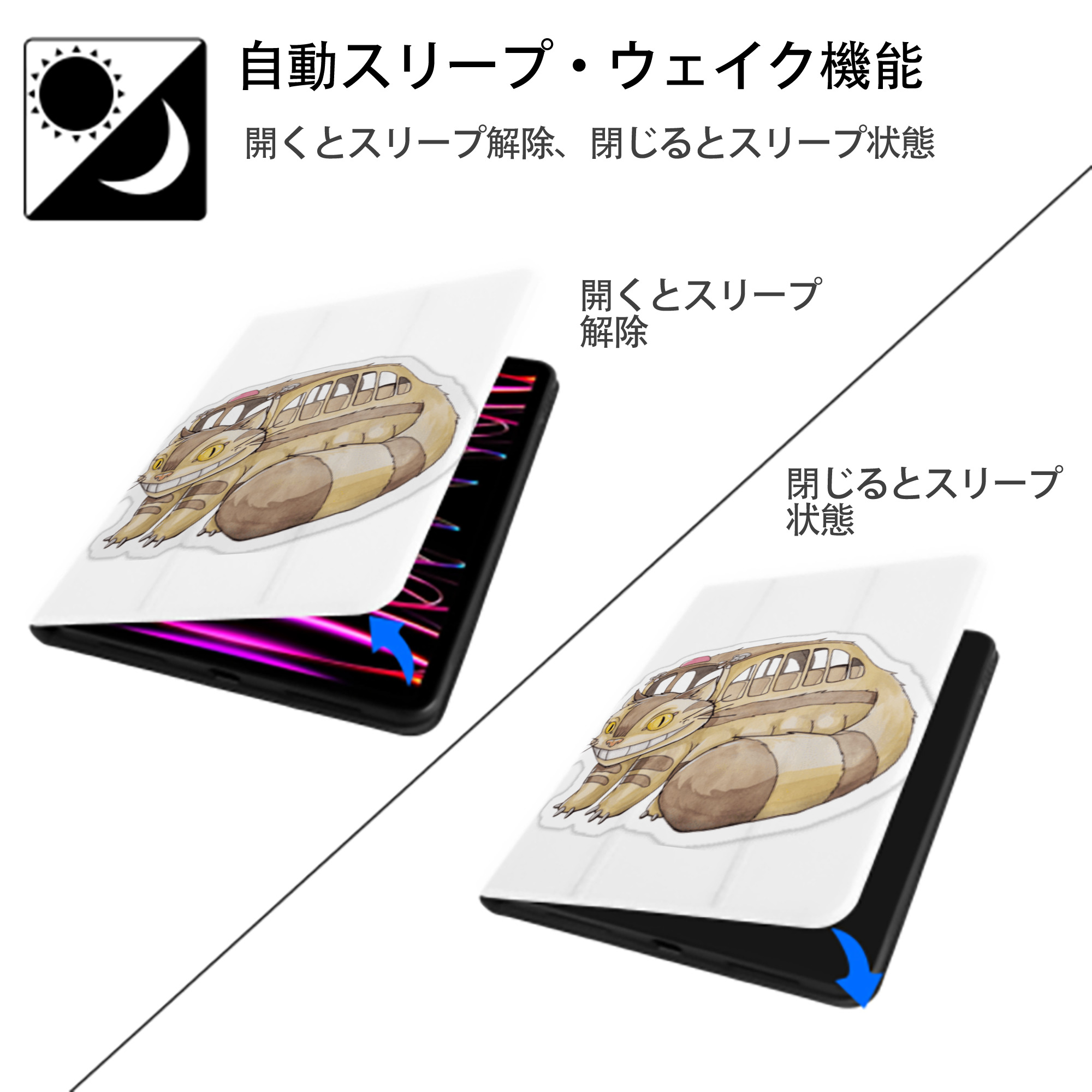 となりのトトロ 草壁メイ 草壁サツキ My Neighbor Totoro Satsuki Kusakabe Mei Kusakabe IPad ケース ペン収納付き 三つ折りスタンド PUレザー×シリコン 対応機種9.5/10.5/10.9インチ