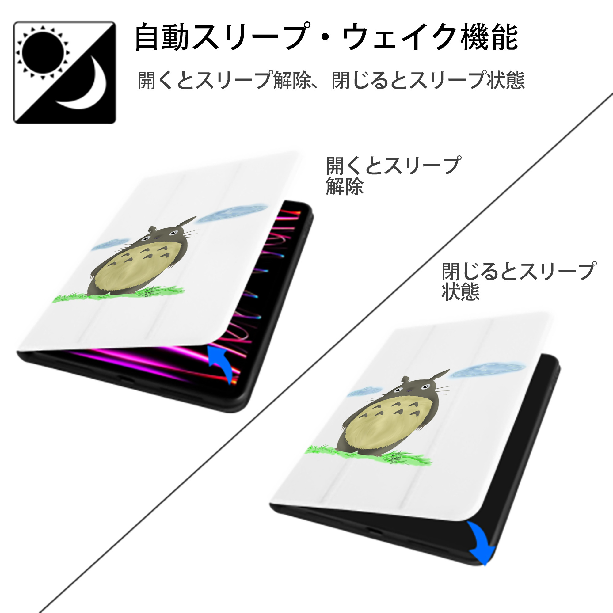 となりのトトロ 草壁メイ 草壁サツキ My Neighbor Totoro Satsuki Kusakabe Mei Kusakabe IPad ケース ペン収納付き 三つ折りスタンド PUレザー×シリコン 対応機種9.5/10.5/10.9インチ