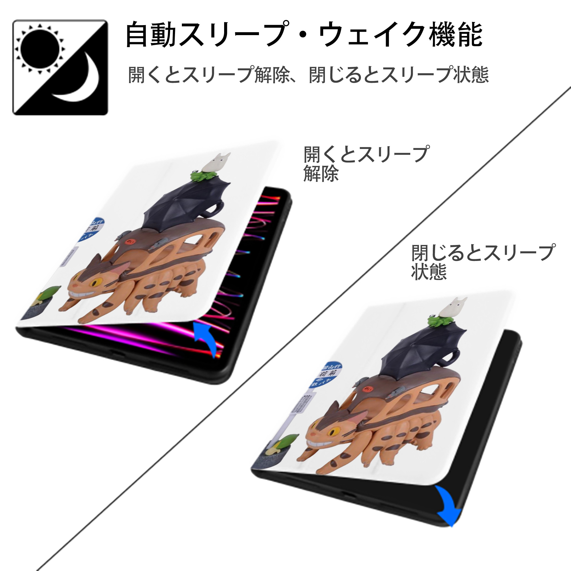 となりのトトロ 草壁メイ 草壁サツキ My Neighbor Totoro Satsuki Kusakabe Mei Kusakabe IPad ケース ペン収納付き 三つ折りスタンド PUレザー×シリコン 対応機種9.5/10.5/10.9インチ