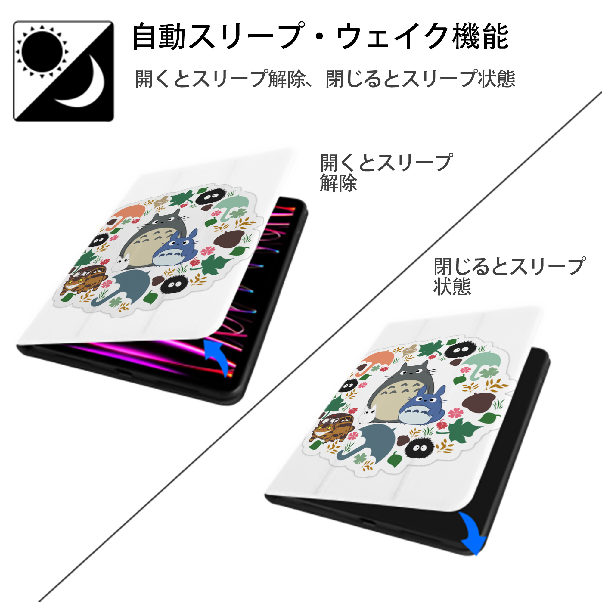 となりのトトロ 草壁メイ 草壁サツキ My Neighbor Totoro Satsuki Kusakabe Mei Kusakabe IPad ケース ペン収納付き 三つ折りスタンド PUレザー×シリコン 対応機種9.5/10.5/10.9インチ