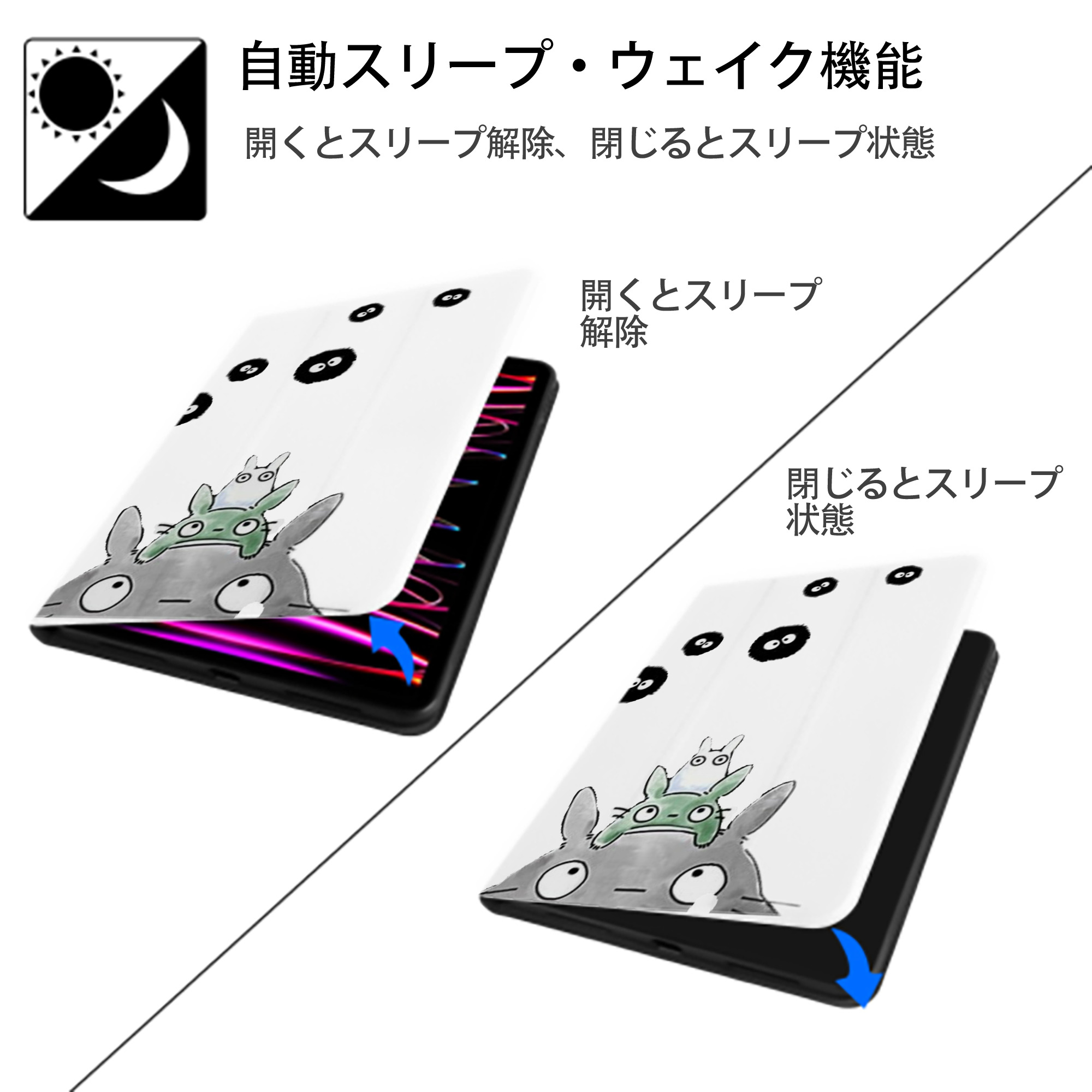 となりのトトロ 草壁メイ 草壁サツキ My Neighbor Totoro Satsuki Kusakabe Mei Kusakabe IPad ケース ペン収納付き 三つ折りスタンド PUレザー×シリコン 対応機種9.5/10.5/10.9インチ