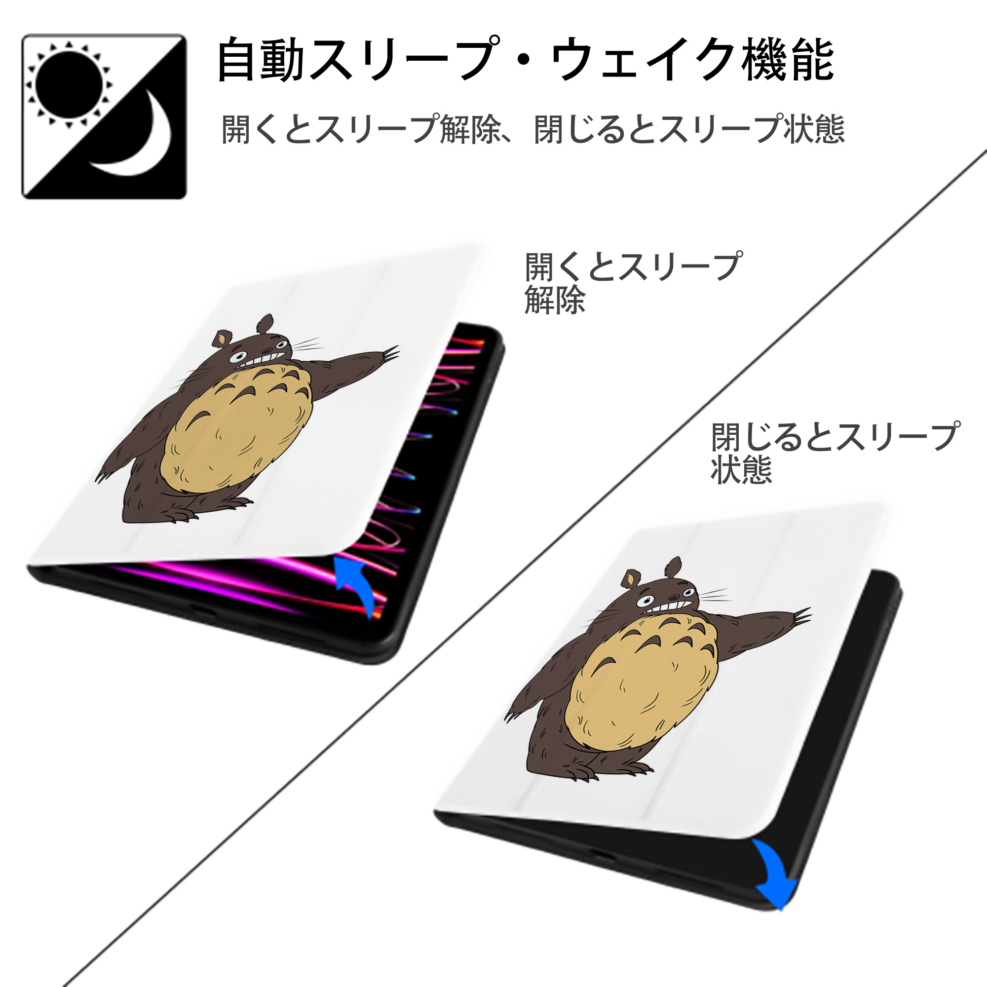 となりのトトロ 草壁メイ 草壁サツキ My Neighbor Totoro Satsuki Kusakabe Mei Kusakabe IPad ケース ペン収納付き 三つ折りスタンド PUレザー×シリコン 対応機種9.5/10.5/10.9インチ