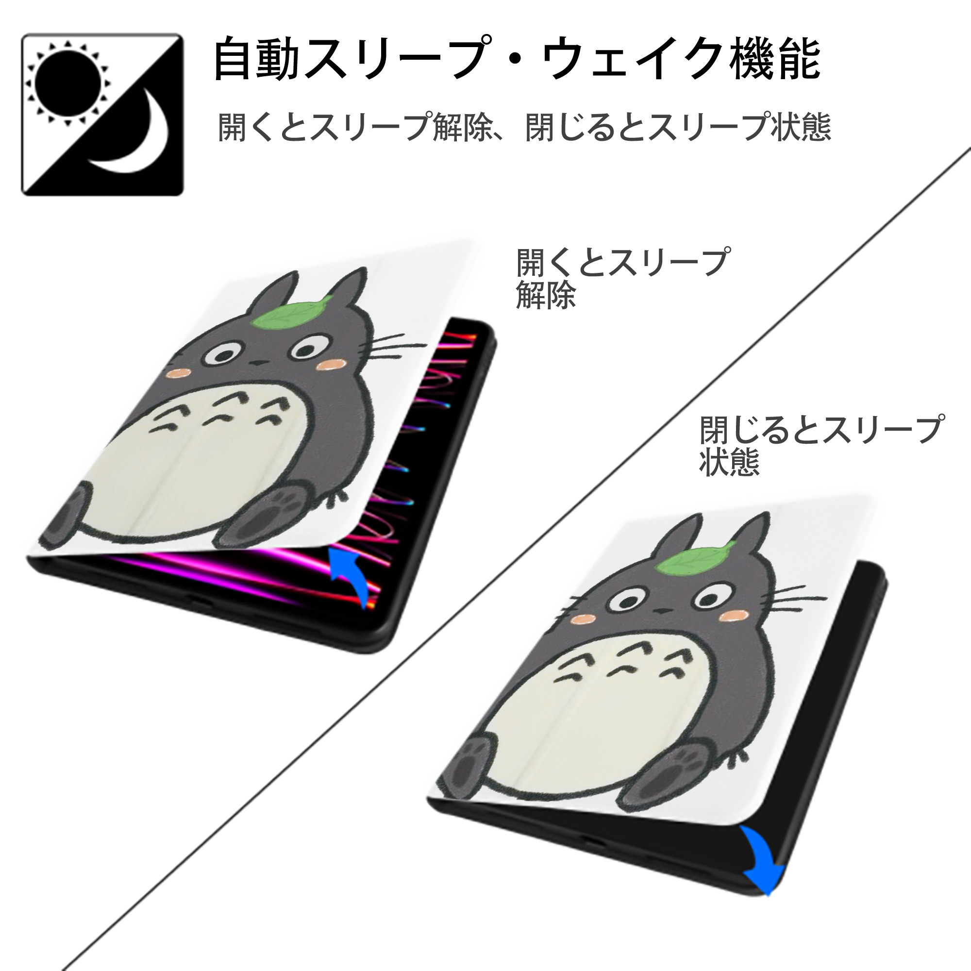 となりのトトロ 草壁メイ 草壁サツキ My Neighbor Totoro Satsuki Kusakabe Mei Kusakabe IPad ケース ペン収納付き 三つ折りスタンド PUレザー×シリコン 対応機種9.5/10.5/10.9インチ