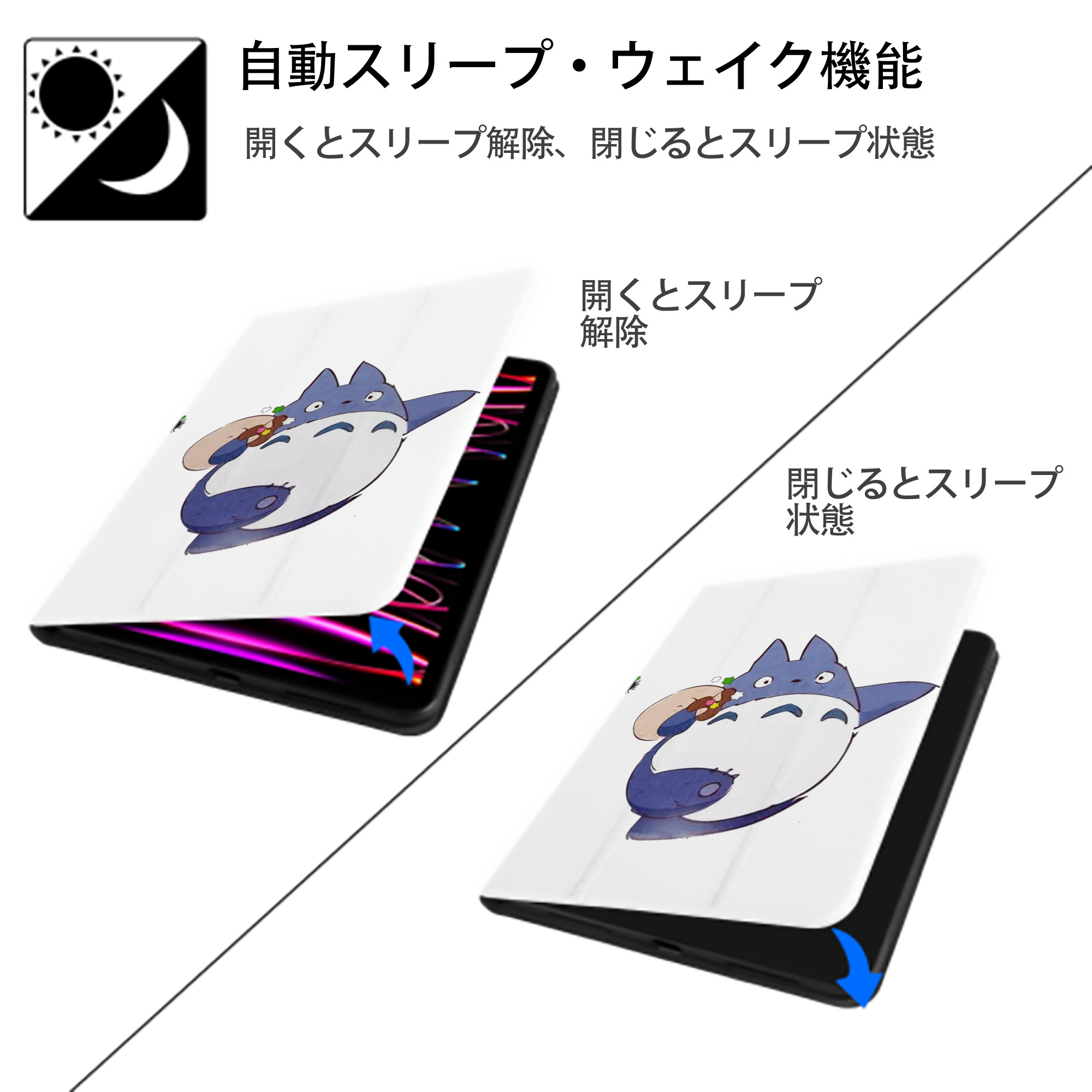 となりのトトロ 草壁メイ 草壁サツキ My Neighbor Totoro Satsuki Kusakabe Mei Kusakabe IPad ケース ペン収納付き 三つ折りスタンド PUレザー×シリコン 対応機種9.5/10.5/10.9インチ