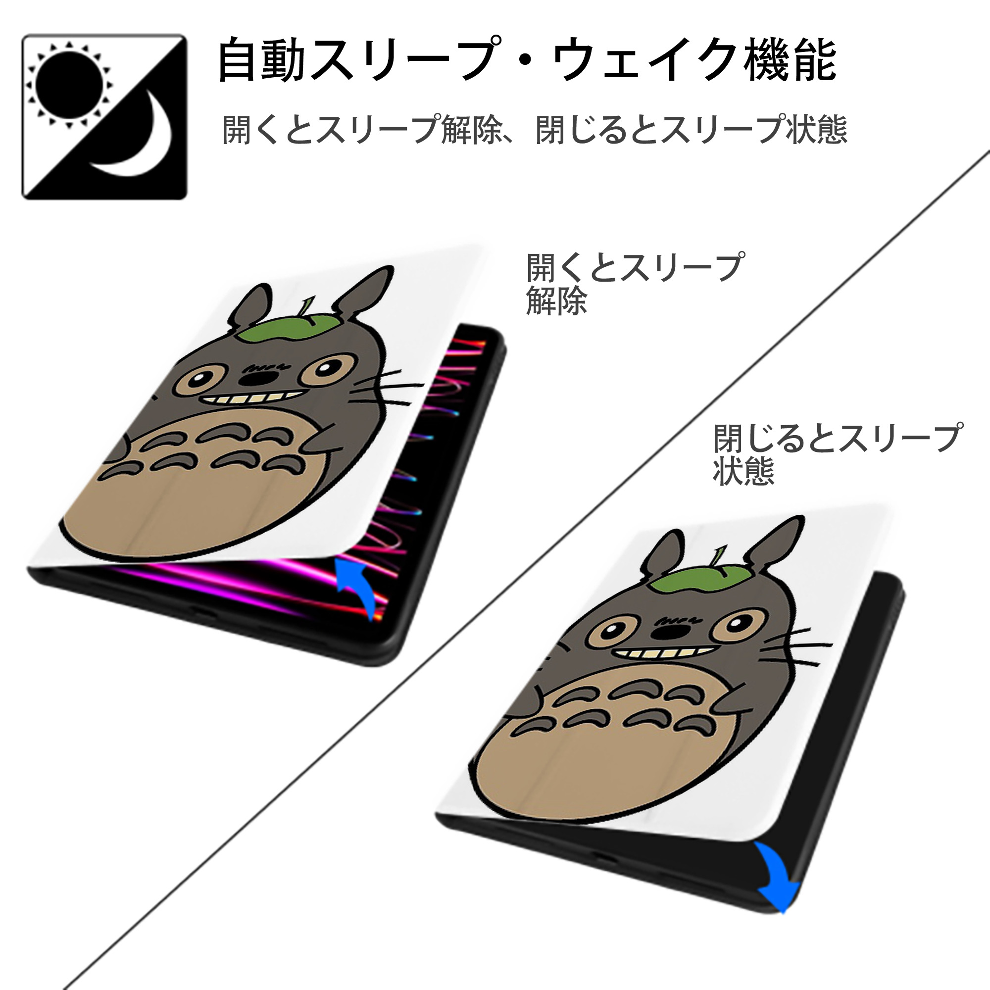 となりのトトロ 草壁メイ 草壁サツキ My Neighbor Totoro Satsuki Kusakabe Mei Kusakabe IPad ケース ペン収納付き 三つ折りスタンド PUレザー×シリコン 対応機種9.5/10.5/10.9インチ