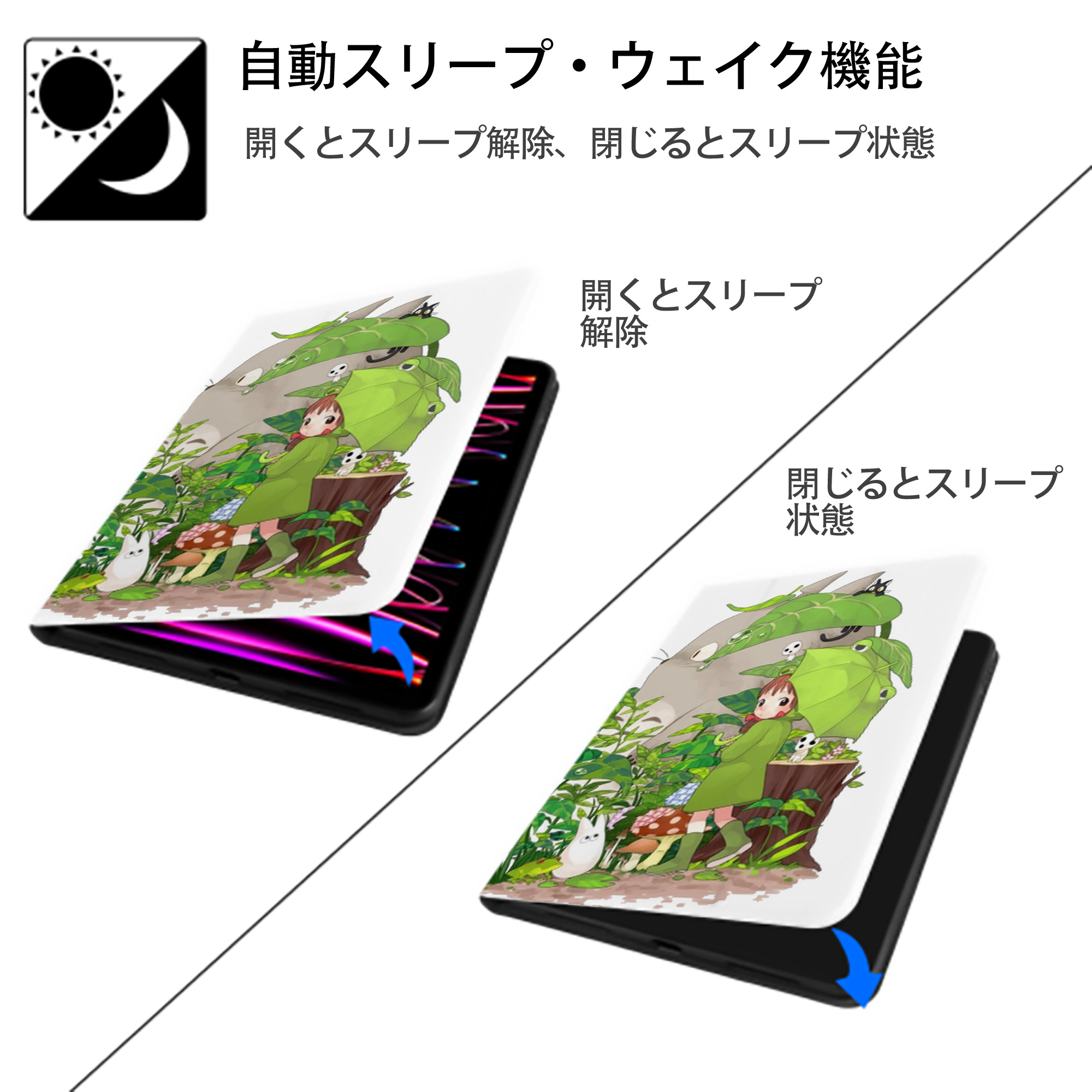 となりのトトロ 草壁メイ 草壁サツキ My Neighbor Totoro Satsuki Kusakabe Mei Kusakabe IPad ケース ペン収納付き 三つ折りスタンド PUレザー×シリコン 対応機種9.5/10.5/10.9インチ