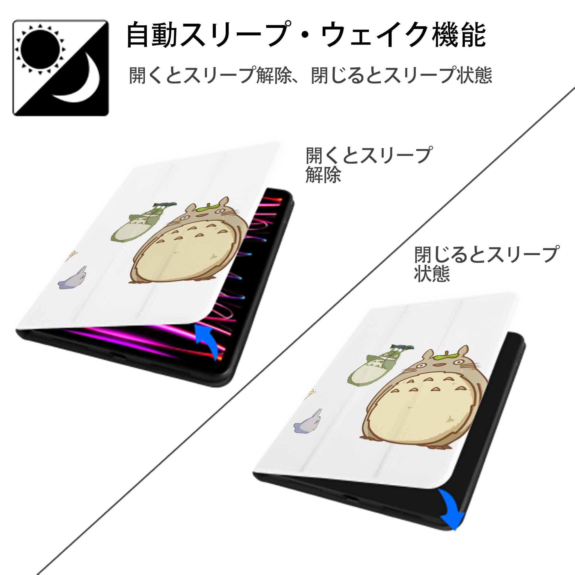 となりのトトロ 草壁メイ 草壁サツキ My Neighbor Totoro Satsuki Kusakabe Mei Kusakabe IPad ケース ペン収納付き 三つ折りスタンド PUレザー×シリコン 対応機種9.5/10.5/10.9インチ