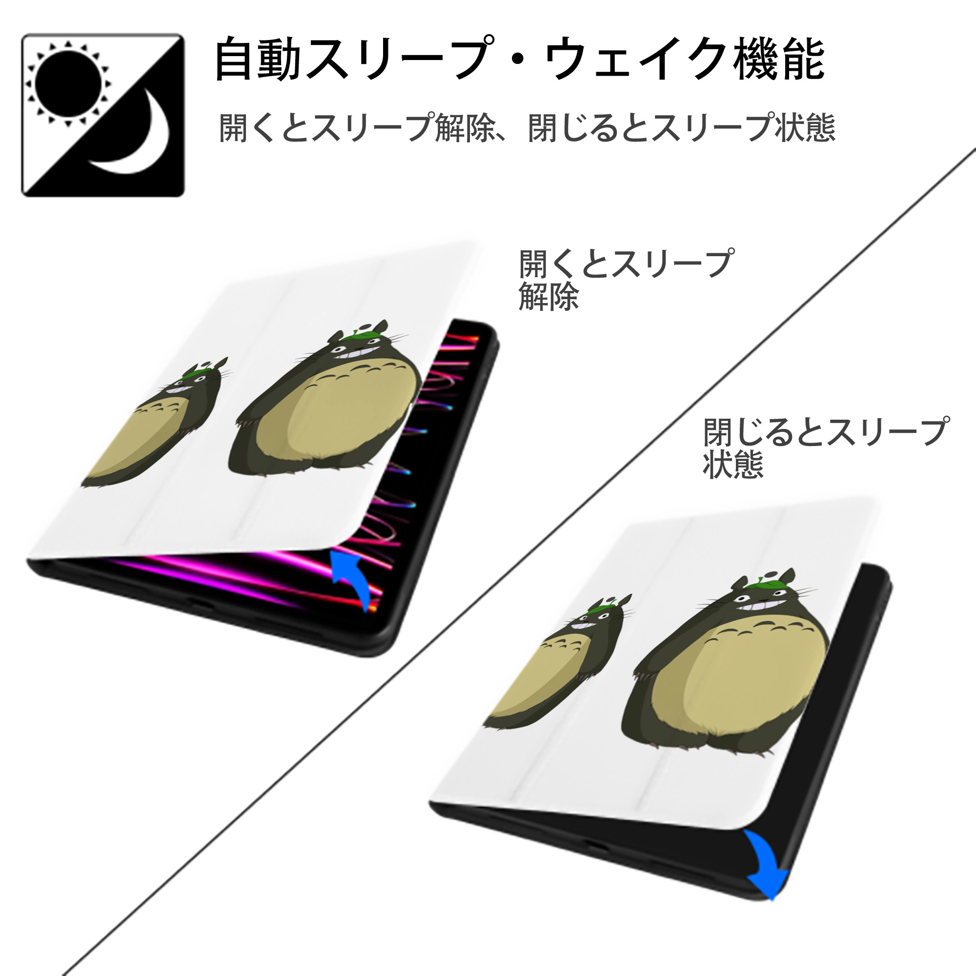 となりのトトロ 草壁メイ 草壁サツキ My Neighbor Totoro Satsuki Kusakabe Mei Kusakabe IPad ケース ペン収納付き 三つ折りスタンド PUレザー×シリコン 対応機種9.5/10.5/10.9インチ