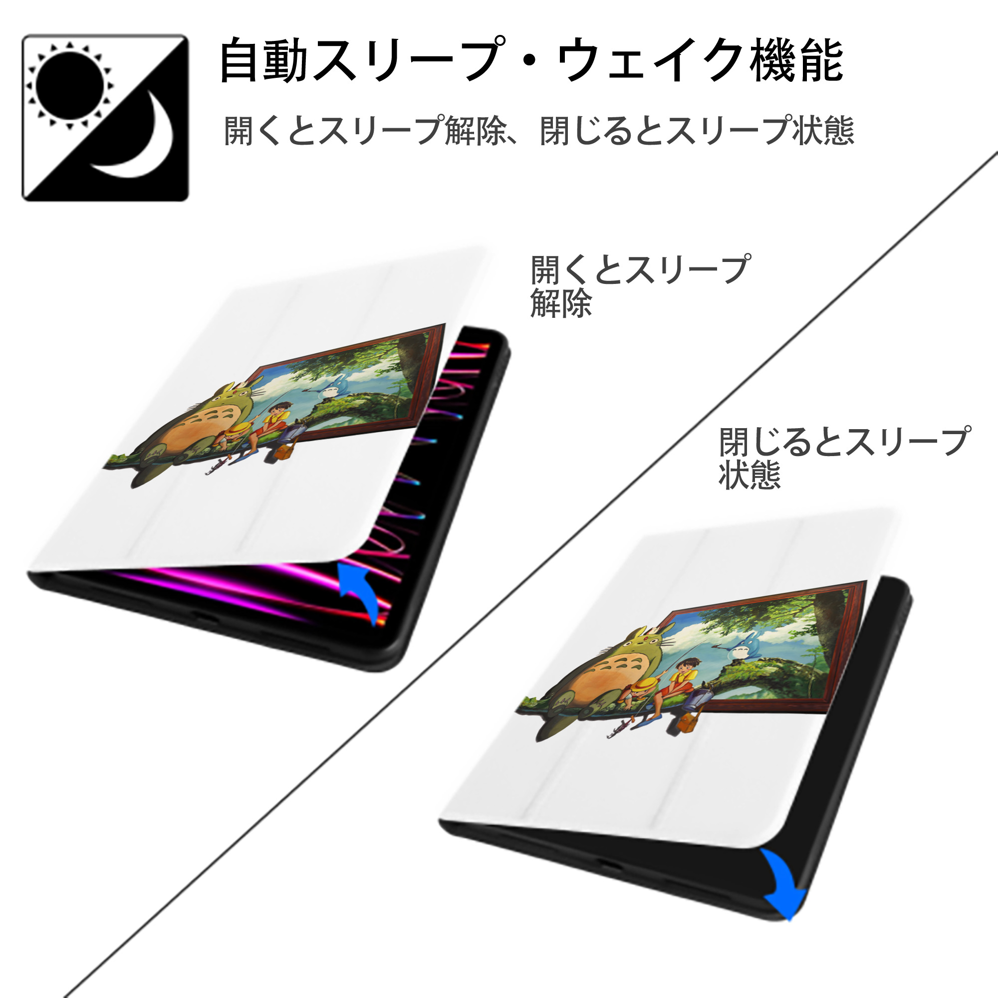 となりのトトロ 草壁メイ 草壁サツキ My Neighbor Totoro Satsuki Kusakabe Mei Kusakabe IPad ケース ペン収納付き 三つ折りスタンド PUレザー×シリコン 対応機種9.5/10.5/10.9インチ