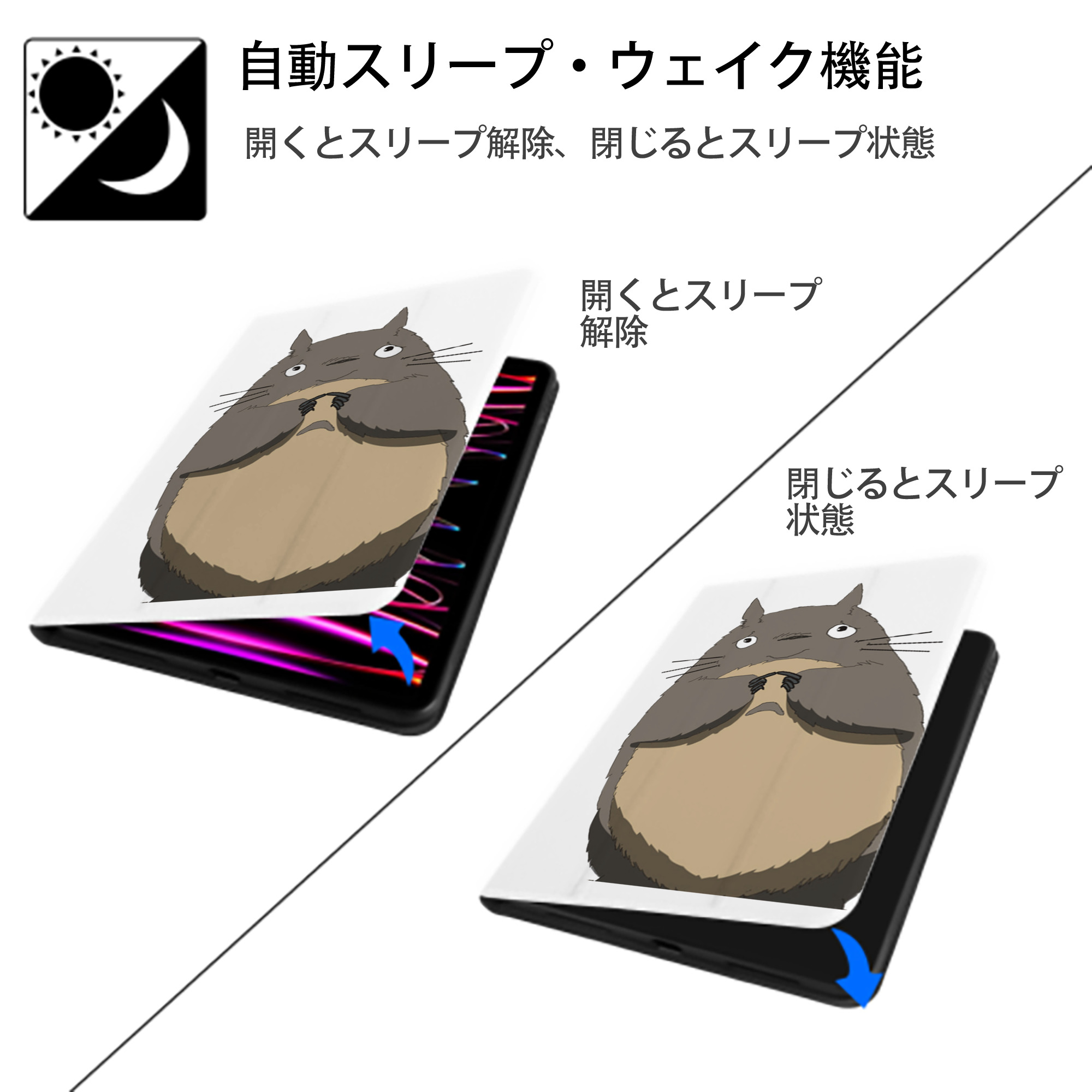 となりのトトロ 草壁メイ 草壁サツキ My Neighbor Totoro Satsuki Kusakabe Mei Kusakabe IPad ケース ペン収納付き 三つ折りスタンド PUレザー×シリコン 対応機種9.5/10.5/10.9インチ