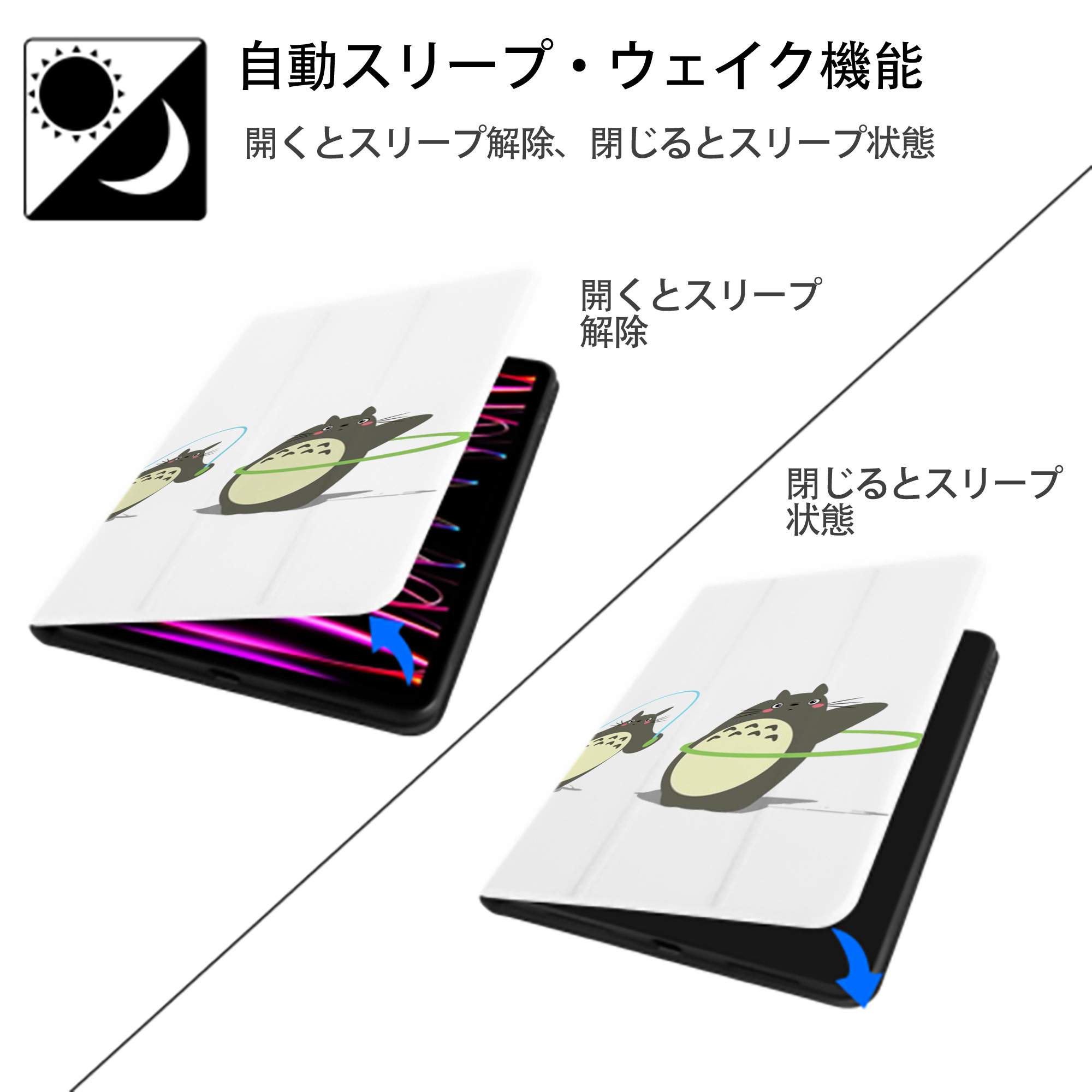 となりのトトロ 草壁メイ 草壁サツキ My Neighbor Totoro Satsuki Kusakabe Mei Kusakabe IPad ケース ペン収納付き 三つ折りスタンド PUレザー×シリコン 対応機種9.5/10.5/10.9インチ