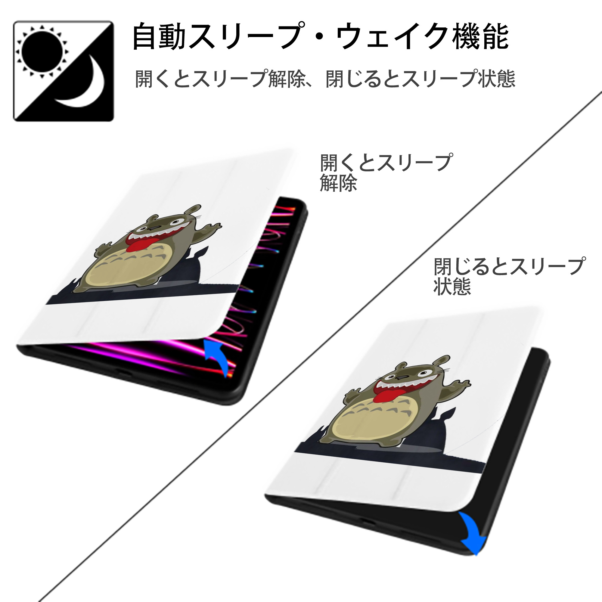 となりのトトロ 草壁メイ 草壁サツキ My Neighbor Totoro Satsuki Kusakabe Mei Kusakabe IPad ケース ペン収納付き 三つ折りスタンド PUレザー×シリコン 対応機種9.5/10.5/10.9インチ