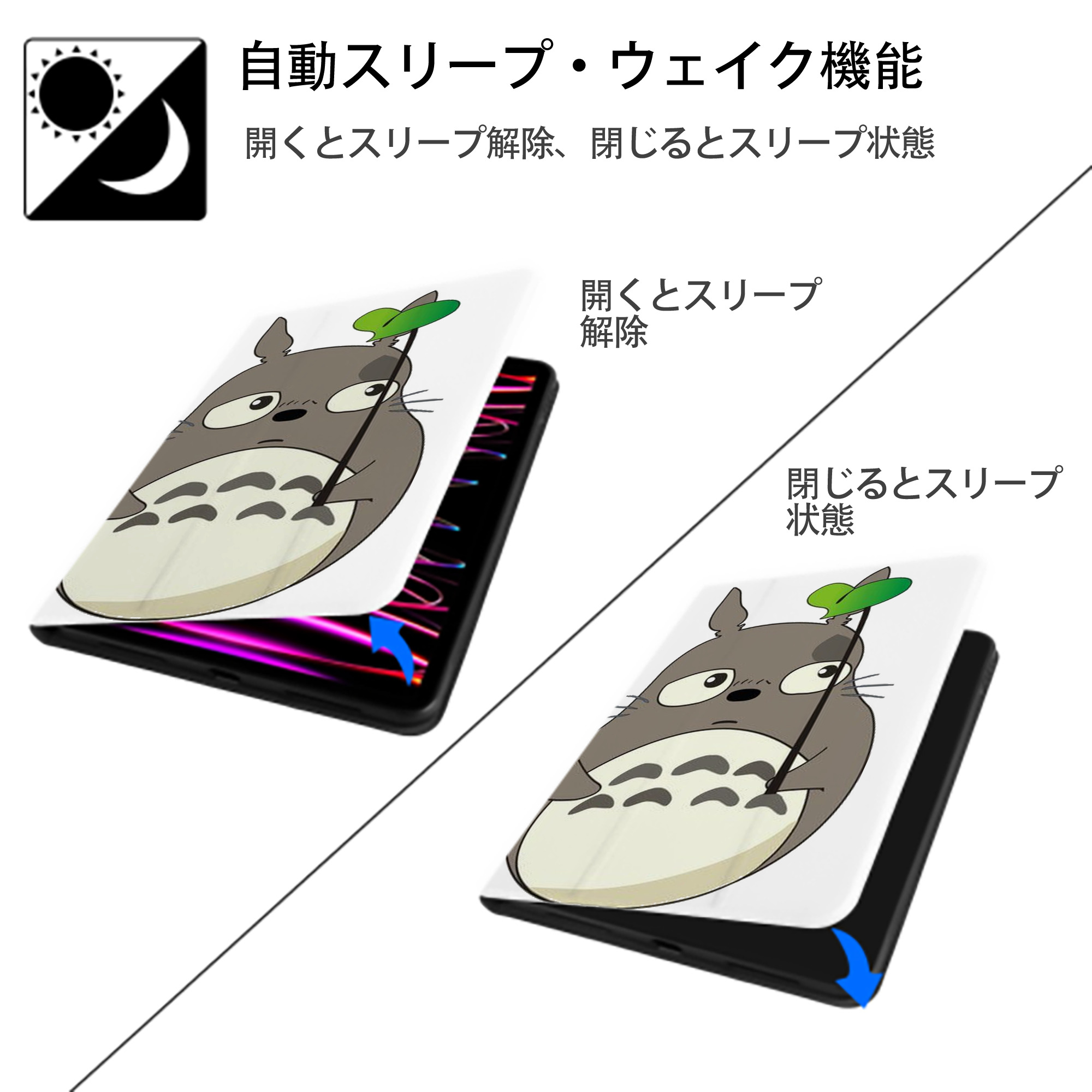 となりのトトロ 草壁メイ 草壁サツキ My Neighbor Totoro Satsuki Kusakabe Mei Kusakabe IPad ケース ペン収納付き 三つ折りスタンド PUレザー×シリコン 対応機種9.5/10.5/10.9インチ