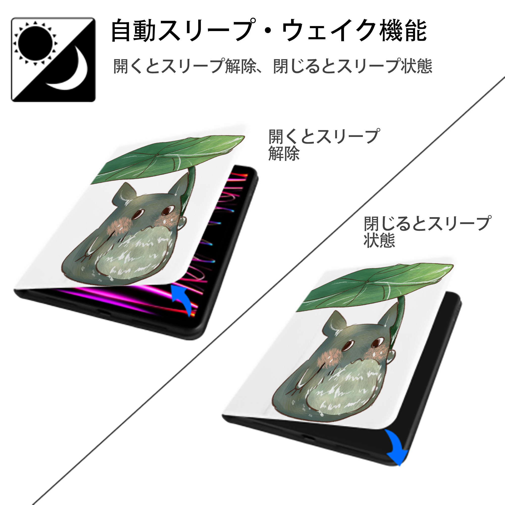 となりのトトロ 草壁メイ 草壁サツキ My Neighbor Totoro Satsuki Kusakabe Mei Kusakabe IPad ケース ペン収納付き 三つ折りスタンド PUレザー×シリコン 対応機種9.5/10.5/10.9インチ
