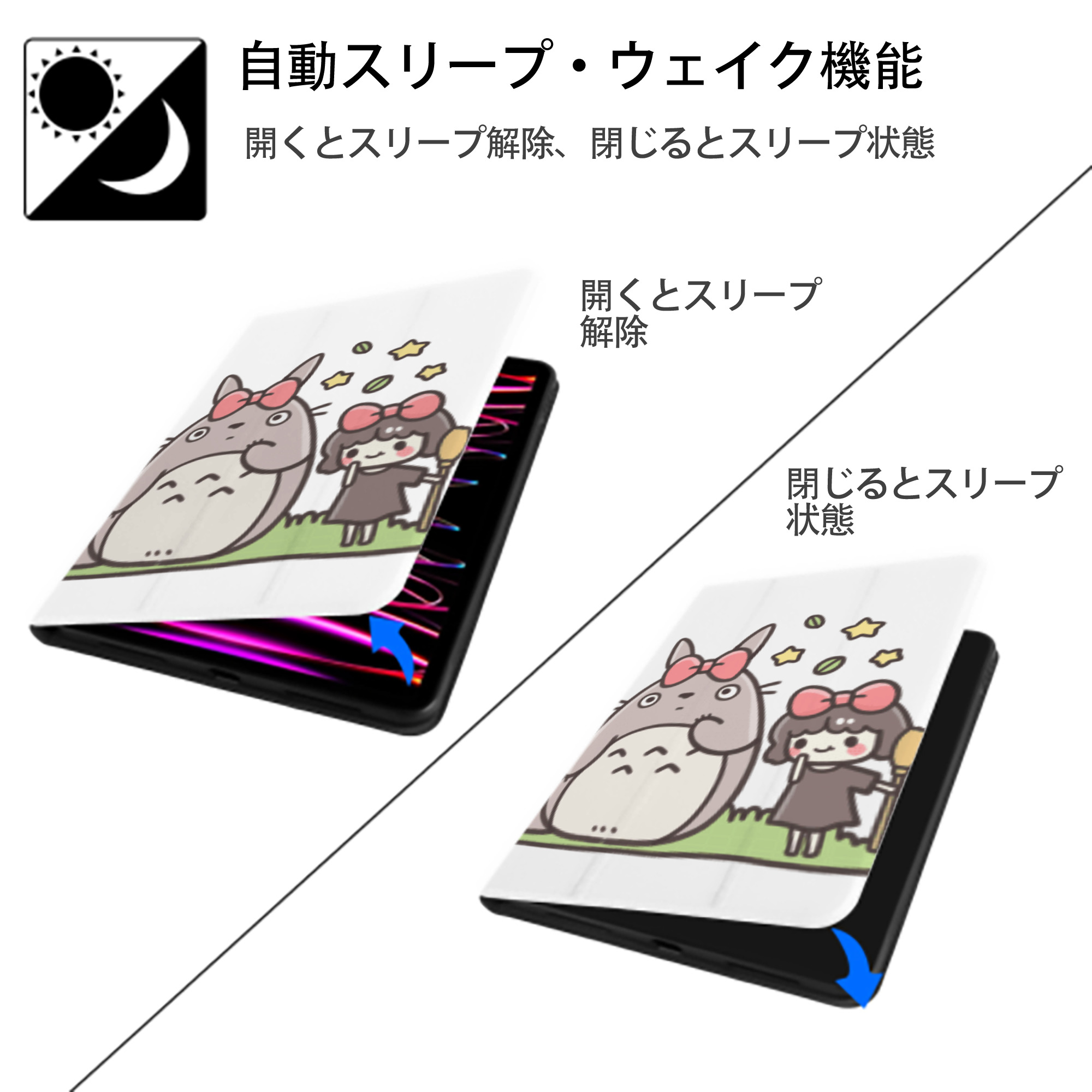 となりのトトロ 草壁メイ 草壁サツキ My Neighbor Totoro Satsuki Kusakabe Mei Kusakabe IPad ケース ペン収納付き 三つ折りスタンド PUレザー×シリコン 対応機種9.5/10.5/10.9インチ