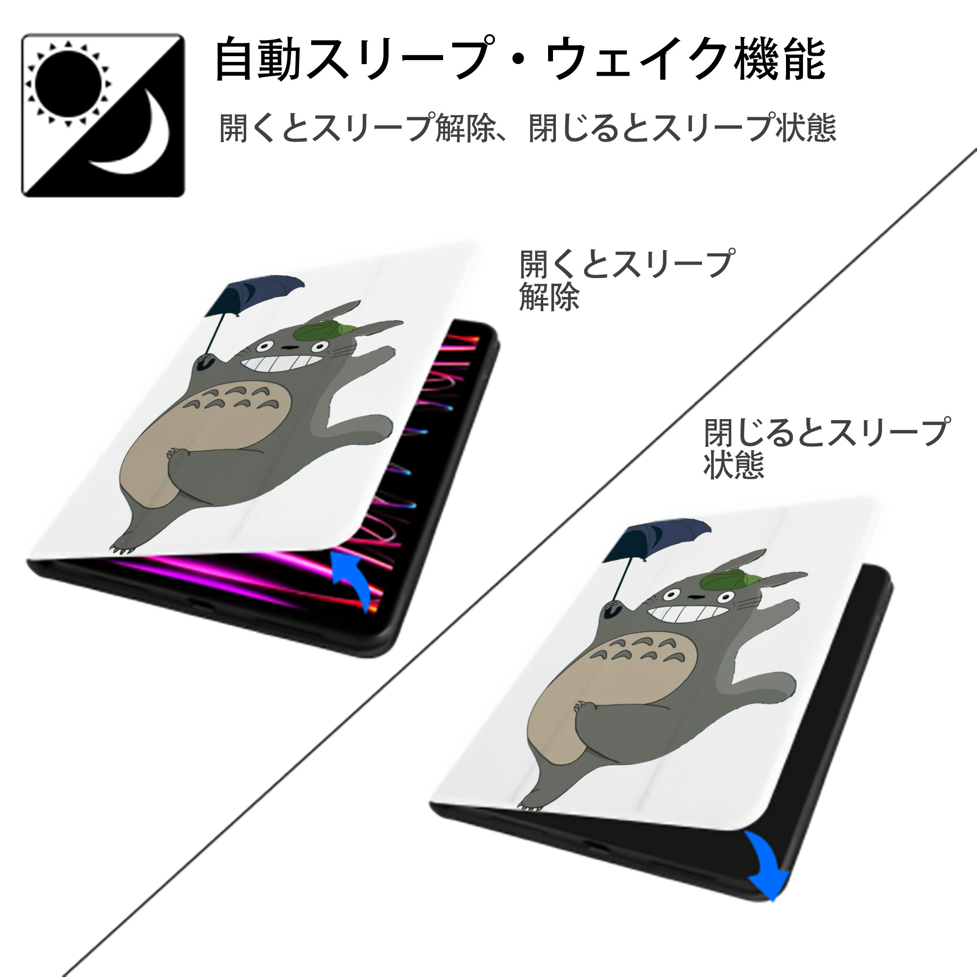 となりのトトロ 草壁メイ 草壁サツキ My Neighbor Totoro Satsuki Kusakabe Mei Kusakabe IPad ケース ペン収納付き 三つ折りスタンド PUレザー×シリコン 対応機種9.5/10.5/10.9インチ